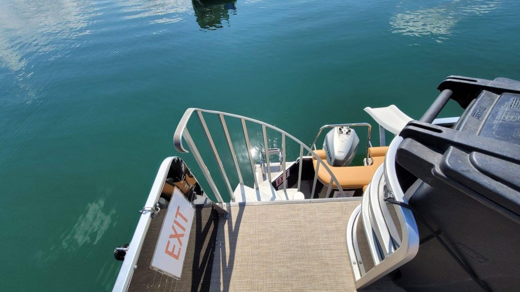 19 passenger 31ft Skyfall luxury tritoon with slide on Lake Travis